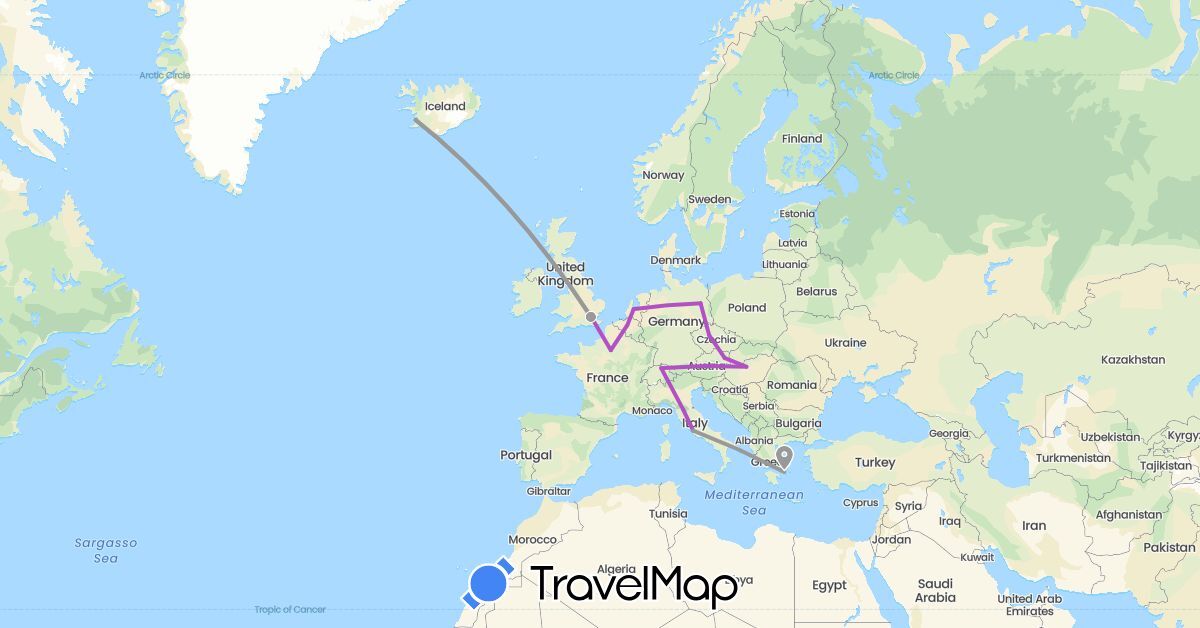 TravelMap itinerary: plane, train in Austria, Belgium, Switzerland, Czech Republic, Germany, France, United Kingdom, Greece, Hungary, Iceland, Italy, Netherlands (Europe)