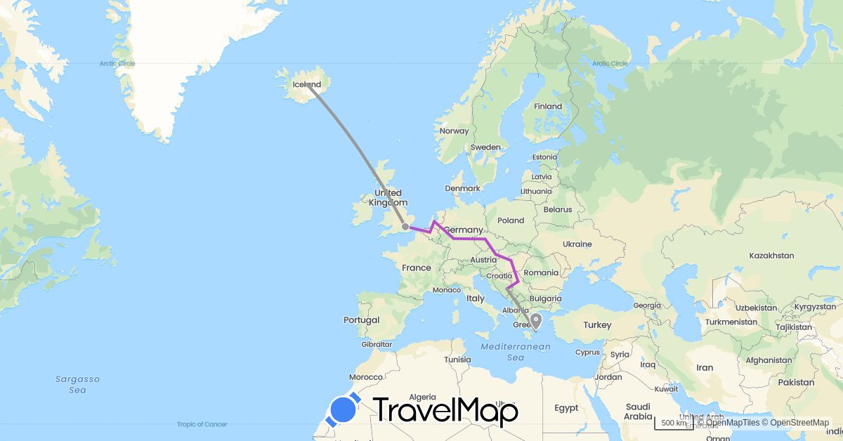 TravelMap itinerary: driving, plane, train in Austria, Bosnia and Herzegovina, Belgium, Czech Republic, Germany, United Kingdom, Greece, Hungary, Iceland, Netherlands, Serbia (Europe)