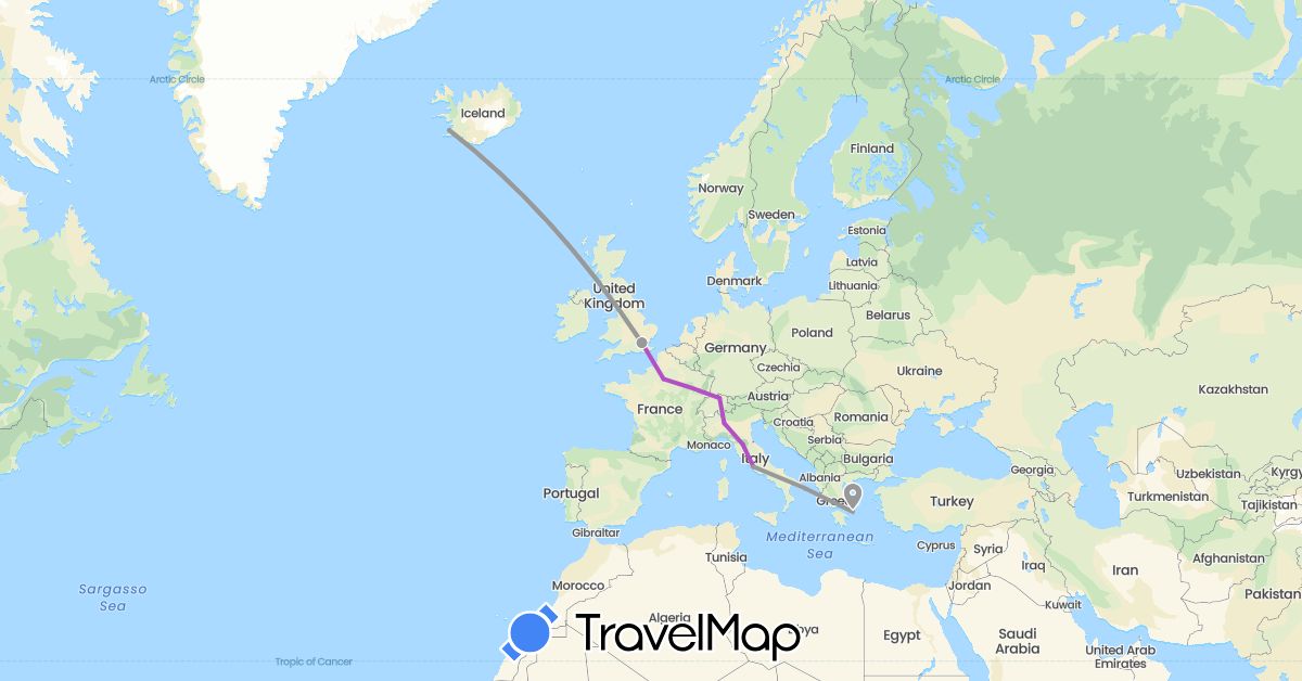TravelMap itinerary: driving, plane, train in Switzerland, France, United Kingdom, Greece, Iceland, Italy (Europe)
