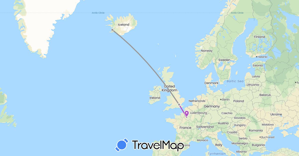 TravelMap itinerary: driving, plane, train in France, United Kingdom, Iceland (Europe)