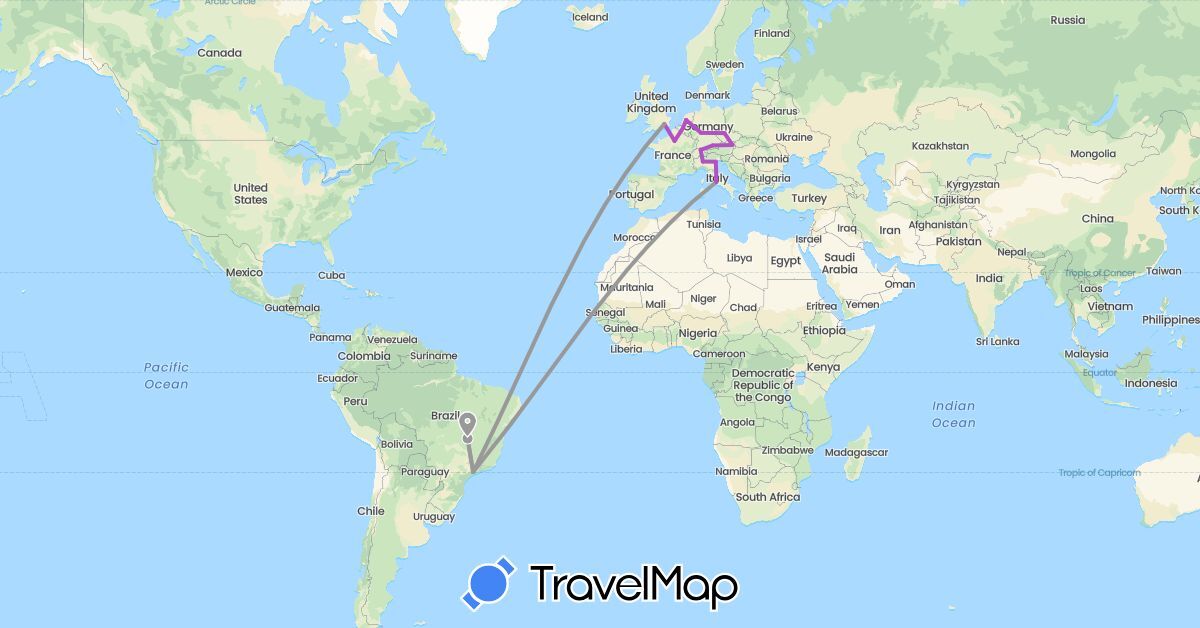 TravelMap itinerary: driving, plane, train in Austria, Belgium, Brazil, Switzerland, Czech Republic, Germany, France, United Kingdom, Italy, Netherlands (Europe, South America)