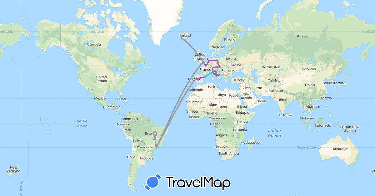 TravelMap itinerary: driving, bus, plane, train, boat in Austria, Belgium, Brazil, Switzerland, Czech Republic, Germany, Spain, France, United Kingdom, Iceland, Italy, Netherlands, Portugal (Europe, South America)